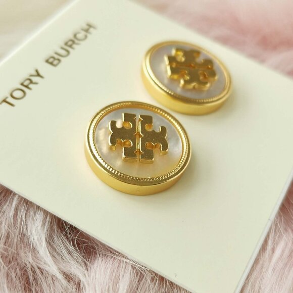Tory Burch Gold Semi-Precious Logo Mother Of Pearl Stud Earrings - Picture 2 of 3